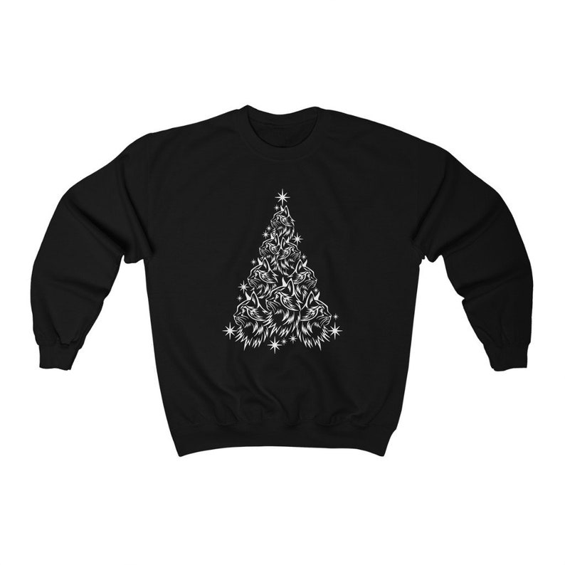 May include: Black sweatshirt featuring a white design of a Christmas tree made up of cat faces.