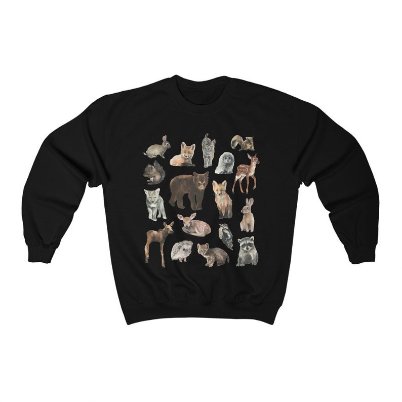 May include: Black sweatshirt featuring a colourful print of various baby animals, including a bear, fox, deer, raccoon and owl.
