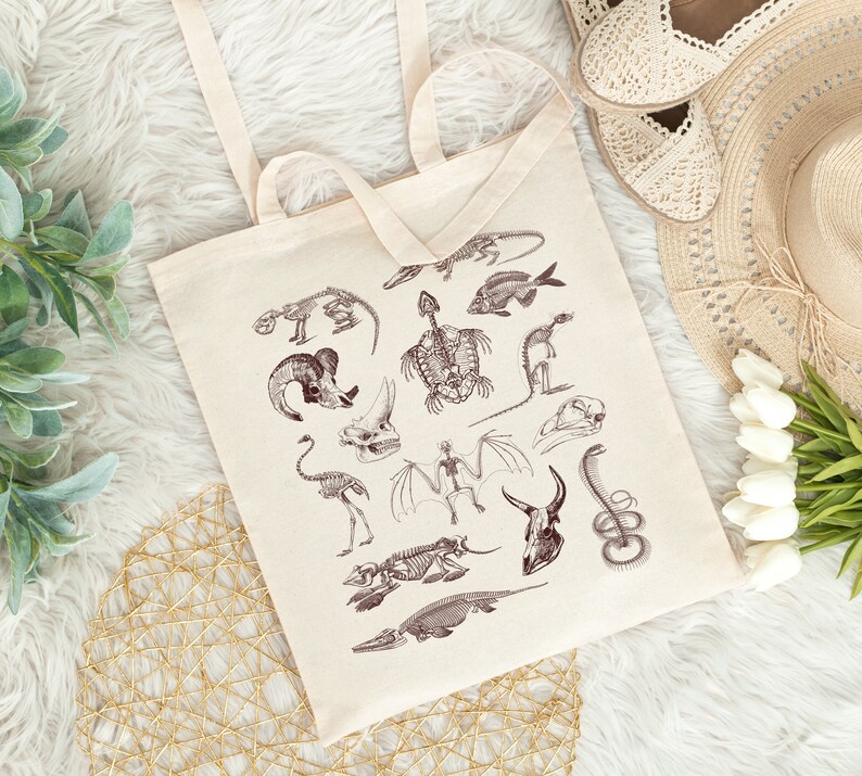 Peut inclure: Un sac fourre-tout beige avec des illustrations brunes de squelettes d'animaux. Les squelettes comprennent un poisson, une tortue, une chauve-souris, un serpent, un oiseau, et plus encore.