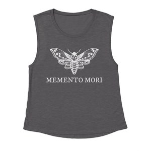 May include: A dark gray sleeveless muscle tank top with a white graphic of a moth with a skull on its body. The text "MEMENTO MORI" is printed below the moth.