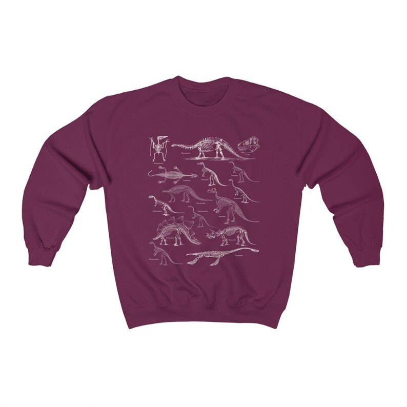 May include: A maroon sweatshirt with a white print of dinosaur skeletons. The print features a variety of dinosaurs, including a stegosaurus, a triceratops, and a brachiosaurus.