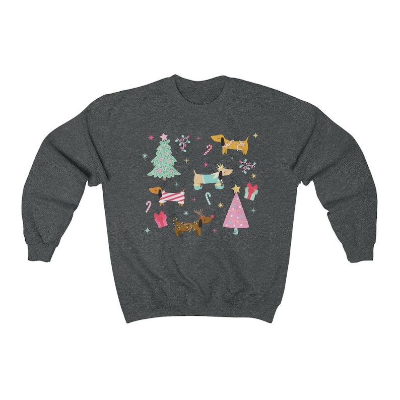 Dachshund Christmas Sweatshirt Holiday Wiener Dog Sweater Weiner Dog Gift Weenie Dog Gifts Sausage Dog Clothes Doxie Crewneck Dark Heather