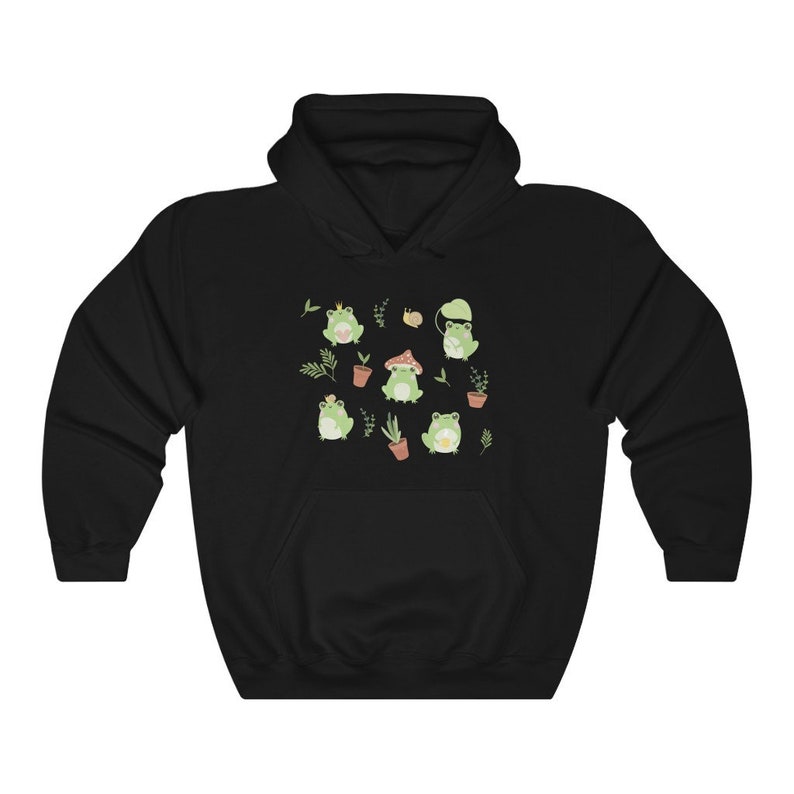 May include: Black hooded sweatshirt with a pattern of green frogs, mushrooms, and plants.