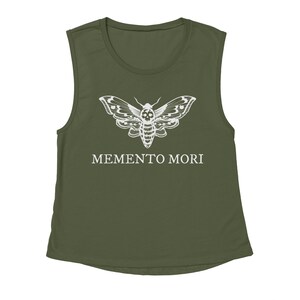 May include: A green sleeveless muscle tank top with a white skull moth graphic and the text "MEMENTO MORI" printed on the front.