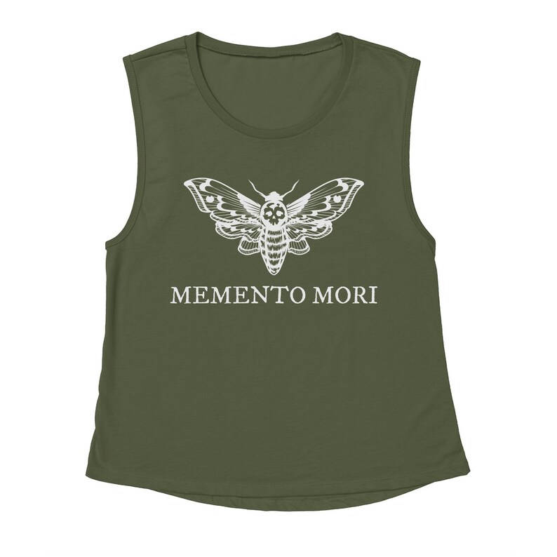May include: A green sleeveless muscle tank top with a white skull moth graphic and the text "MEMENTO MORI" printed on the front.