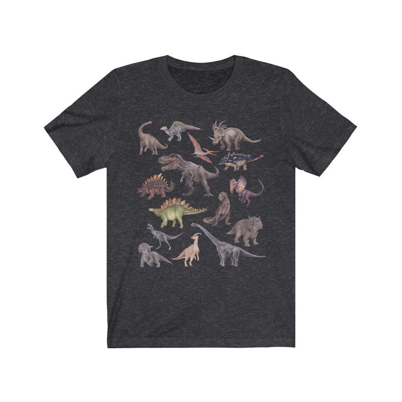May include: A dark heather grey t-shirt with a colorful illustration of various dinosaurs. The dinosaurs are arranged in a random pattern on the shirt.