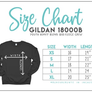 K&ouml;nnte beinhalten: Gr&ouml;&szlig;entabelle f&uuml;r Gildan 18000B Jugend Heavy Blend 50/50 Fleece Crew. Die Tabelle zeigt die Gr&ouml;&szlig;en XS bis XL mit den entsprechenden Breiten- und L&auml;ngenma&szlig;en in Zoll.