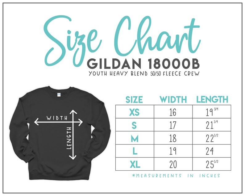 K&ouml;nnte beinhalten: Gr&ouml;&szlig;entabelle f&uuml;r Gildan 18000B Jugend Heavy Blend 50/50 Fleece Crew. Die Tabelle zeigt die Gr&ouml;&szlig;en XS bis XL mit den entsprechenden Breiten- und L&auml;ngenma&szlig;en in Zoll.