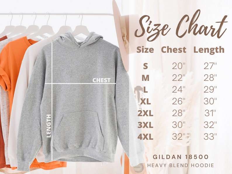 May include: Size chart for a gray hooded sweatshirt with a pocket. The chart shows chest and length measurements in inches for sizes S through 4XL. The text "GILDAN 18500 HEAVY BLEND HOODIE" is at the bottom of the chart.