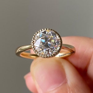 2.00 Ct Old European Round Cut Moissanite Engagement Ring, Bezel Setting Solitaire Ring, 18K Yellow Gold Ring, Pinched Shank Bridal Ring