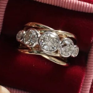 1.70 TCW Round Cut Colorless Moissanite Wedding Ring, Bezel Setting Five Stone Ring, Engagement Ring, 14K Two Tone Gold Ring, Unique Ring