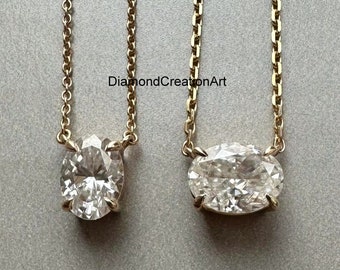 9x7mm Oval Cut Moissanite Solitaire Necklace, 18K Yellow Gold Necklace, 10x7mm East To West Moissanite Solitaire Necklace, Wedding Gift