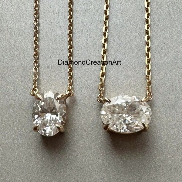 9x7mm Oval Cut Moissanite Solitaire Necklace, 18K Yellow Gold Necklace, 10x7mm East To West Moissanite Solitaire Necklace, Wedding Gift
