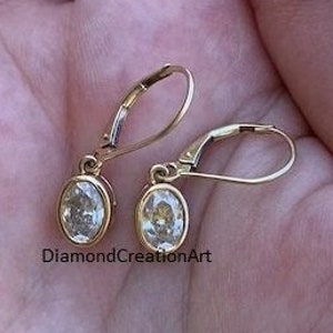 Gorgeous Pair Of Lever Back Earrings, 7x5mm Oval Cut Moissanite Diamond Earrings, 14K Yellow Gold Dangle Drop Earrings, Bridal Earrings Gift