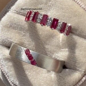 Round Cut Three Stone Matte Finish Band For Men's, Alternative Pink Ruby Gemstone and White CZ Diamond Band For Women's, Classic Couple Band