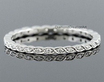 Dainty Moissanite Band Art Deco Wedding Band Round Cut Moissanite Band Milgrain 14K White Gold Band Stacking Ring Anniversary Gift For Her