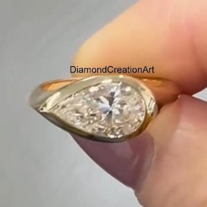 Ost nach West Moissanite Verlobungsring, 12 x 7 MM Pear Cut Farbloser Moissanite Diamantring, Lünette Ring für Frauen, 18K Gold Ring