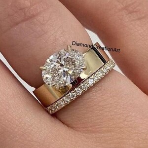 Offset Diamond Ring, East To West 2.0ct Oval Cut Moissanite Solitaire Ring, With Matching Pave Set Diamond Band, 10k Gold Bridal Wedding Set