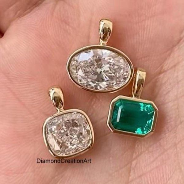 Bezel Set Solitaire Diamond Pendant, Horizontal Oval Cut Moissanite Pendant, Cushion Cut Women's Pendant, May Birthstone Pendant In 10K Gold