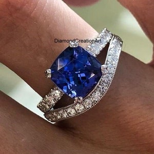 18K White Gold Bridal Ring Set, 8 MM Cushion Cut Blue Sapphire Gemstone Engagement Ring, Matching Curved Diamond Band, September Birthstone