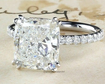 6.0 Carat Cushion Cut Diamond Engagement Ring Double Claw Prongs Accents Ring Moissanite Wedding 14K White Gold Ring Colorless Moissanite