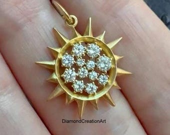 Round Cut Lab Grown Diamond Pendant Necklace, Sun Chrm Pendant In 10K Yellow Gold, Only Pendant Without Chain, Cluster Set Diamond Pendant