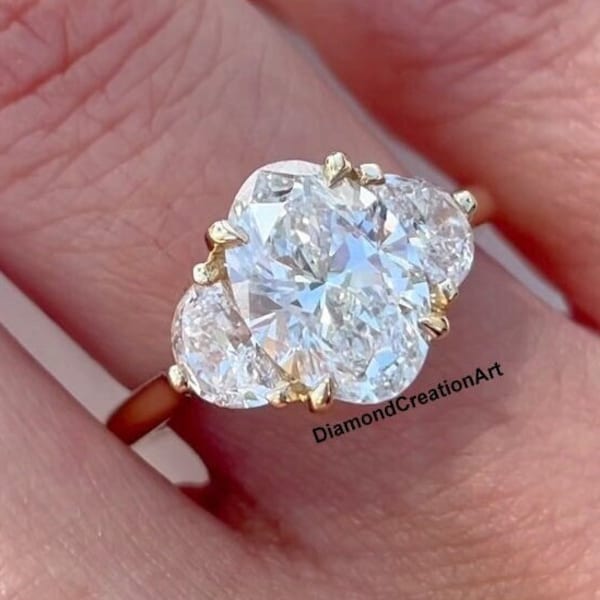 Three Stone Engagement Ring, 11x8 MM Oval Cut Moissanite Ring, With Side Two Half Moon Simulated Diamond, 18K Yellow Gold Ring, Bridal Ring