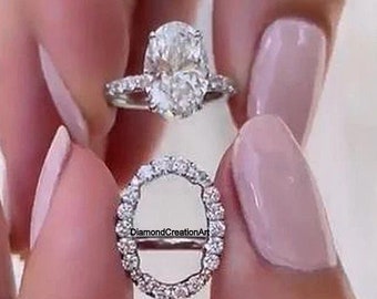 Unique Oval Cut Insert Wedding Ring Set, 14k White Gold Ring, 2.50 Ct Oval Cut Moissanite Diamond Ring Set, Open Shank Halo Beautiful Ring