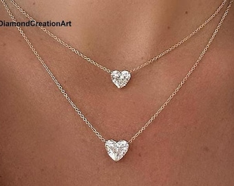 14K Gold Moissanite Diamond Heart Shaped Solitaire Pendant Necklace, Moissanite Anniversary Necklace, Bridesmaid Gift, Pendant With Chain