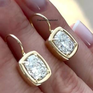 Elongated Cushion Cut Moissanite Solitaire Dangle Drop Earrings, Chunky Bezel Set With Pointed Prong Setting, 10k Gold Wedding Earrings