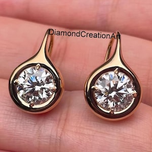 2.6 TCW Round Cut Moissanite Drop Earrings, 14K Yellow Gold Earrings, Compass Prong Set Earrings, Bridesmaid Earrings, Ear Wire Earrings