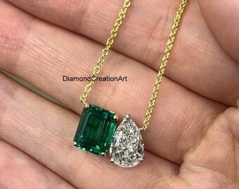 Toi Et Moi Double Stone Engagement Necklace, 2 Stone Wedding Necklace, Emerald Gemstone & Moissanite Diamond Necklace In 14K Yellow Gold