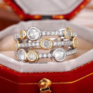 Bubble Design Diamond Three Row Two Tone Half Eternity Ring, 14K Solid Gold Ring, Round Moissanite Diamond Unique Design Ring Gift For Wife