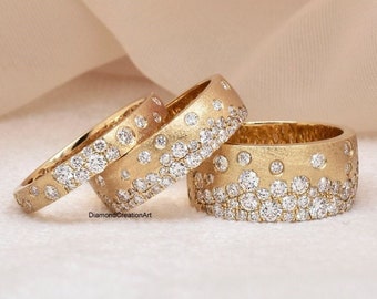 Round Cut Moissanite Wedding Band, Scattered Diamond Stunning Cigar Band, 14K Gold Satin Finish Band, Flush Set Diamond Half Eternity Band