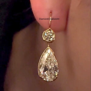 14K Yellow Gold Wedding Earrings, Diamond Drop Dangle Earrings, 11 TCW Pear And Round Cut Colorless Moissanite Earrings, Lever Back Earrings