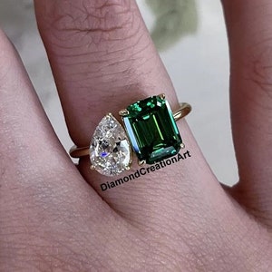 Toi Et Moi Two Stone Wedding Ring, 10K Gold Ring, Pear Cut Colorless Moissanite And Green Emerald Gemstone Ring, Engagement Ring For Women