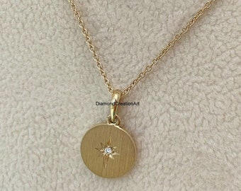 Starburst Pendant, 10K Yellow Gold Pendant, Everyday Perfect Pendant Round Cut Natural Diamond Star Disc Pendant, Only Pendant Without Chain