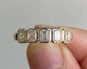 Bezel Set Lab Grown Diamond Band, Five Stone Eternity Engagement Band, 5x4 mm Emerald Cut Diamond Wedding Band, 14K Yellow Gold Diamond Band
