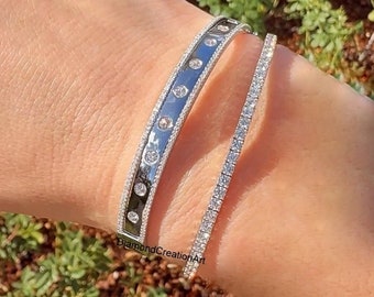 Round Moissanite Diamond Bangle, Half Eternity Bangle, 10K White Gold Wedding Bangle, Unique Micro Pave & Flush Set Cluster Diamond Bangle