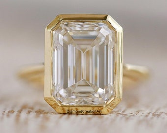 Emerald Bezel Ring, 9x7MM Emerald Cut Moissanite Engagement Ring, 14K Yellow Gold Wedding Ring, Solitaire Ring, Bridal Ring, Promise Ring