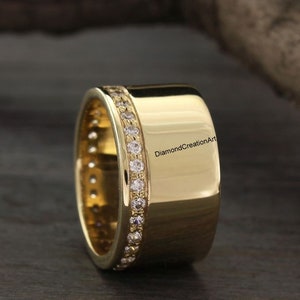 14K Yellow Gold Band With Small Flush Set Diamond, Unique Cigar Band, Unique Shank Band Ring, Gold Engagement Band, Wide Thick Wedding Band