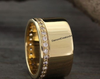 14K Yellow Gold Band With Small Flush Set Diamond, Unique Cigar Band, Unique Shank Band Ring, Gold Engagement Band, Wide Thick Wedding Band