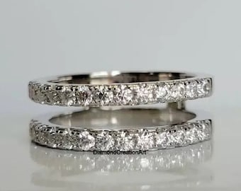 Enhancer Band, Round Cut Lab Grown Diamond Engagement Ring, Double Row Wedding Band Stunning Pave Diamond Double Band Ring In 18K White Gold