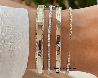 Flush Setting Wedding Bangle Bracelet, Women&#39;s Bangle, Half Way Bangles, Two Row Diamond Bangle, Cuff Bangle, 14K Solid Yellow Gold Bangles