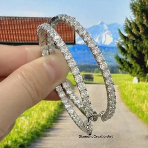 3 MM Rundschliff Moissanit Diamant Innen Außenseite Creolen, große Huggie Hoop Ohrringe, 14K Weißgold Hochzeit Ohrringe, Ohrclips