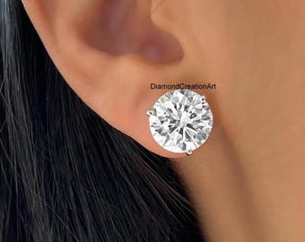 Huge Moissanite Stud Earrings, 5.0 (Each) Round Brilliant Cut Diamond Solitaire Earrings, Three Prong Setting, Screw Back, Daily Wear Studs
