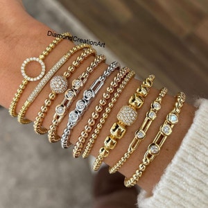 14K Gold Bracelet, Bubble Bracelet, Round Cut Moissanite Diamond Bracelet Baby Move Diamond Bracelet Micro Pave Set Diamond Wedding Bracelet