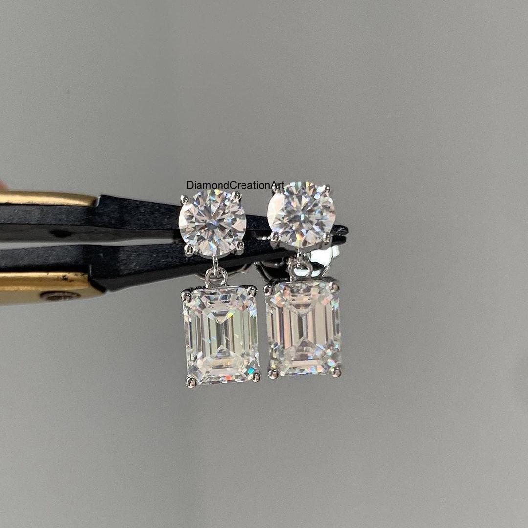Classic 7 TCW Round Cut and Emerald Cut Moissanite Diamond Drop Earrings In 10K White Gold, Push Back Earrings, Prong Setting, Birthday Gift