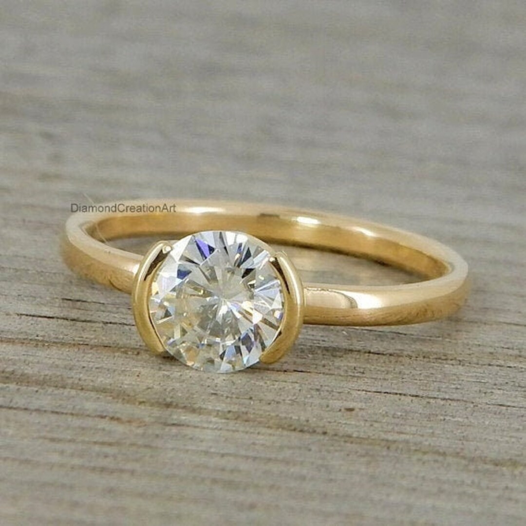 Half Bezel Set Solitaire Engagement Ring 1.00 Ct Round Brilliant Cut Colorless Moissanite Ring 14K Yellow Gold Ring Anniversary Ring for Her Etsy Canada