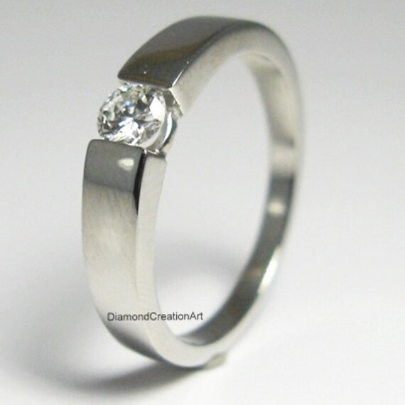 Dainty Solitaire Engagement 14K White Gold Ring Moissanite Men s Ring 0.36ct Round Colorless Moissanite Ring Unique Tension Set Wedding Band Etsy